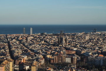 This is the spectacular view of Barcelona, Spain. In the picture it can be spotted the Sagrada Familia (Sacred Family of Antoni Gaudí), the Mapfre towers, and many more monuments.