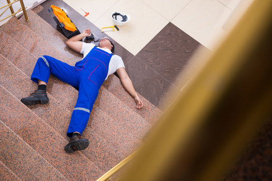 Dead contractor worker felling off the stairs