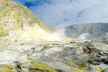 Active Volcano at White Island New Zealand. Volcanic Sulfur Crater Lake