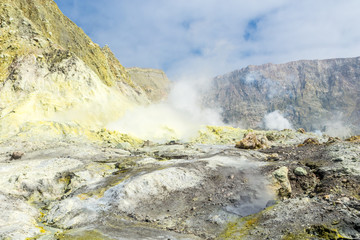 Active Volcano at White Island New Zealand. Volcanic Sulfur Crater Lake