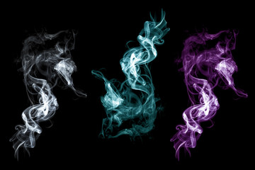 White smoke and colorful smoke on dark background. Set, Collection