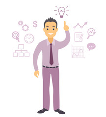 Business man character pointing at light bulb as having an idea