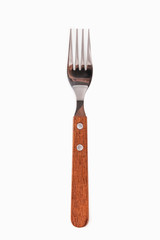 Fork with wooden handle isolated on white background.