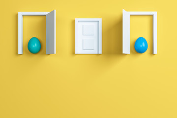 colorful easter eggs and door on yellow background.Space for text. 3d rendering