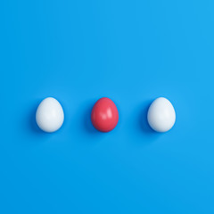 colorful easter eggs and door on blue background. 3d rendering