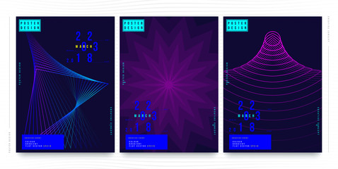 Set abstract creative posters for a creative event. Standard A3 vertical format with blue colour. Template futuristic cover. Flat vector illustration EPS 10