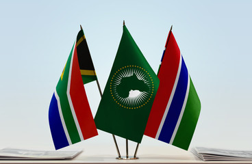 Flags of Republic of South Africa African Union and The Gambia