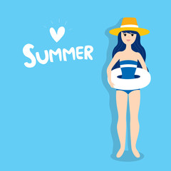 Love summer, Woman wearing blue swimsuit with white rubber ring  on blue background vector.