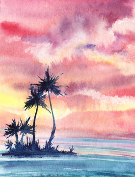 A sunset or dawn tropical landscape with a small island with palm trees against a turquoise sea and a pink sky with cumulus clouds. Hand drawn real watercolor illustration