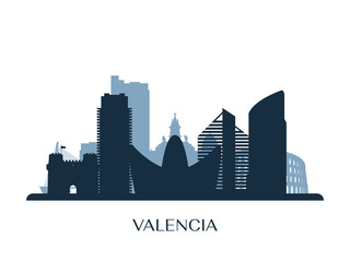 Naklejka premium Valencia skyline, monochrome silhouette. Vector illustration.