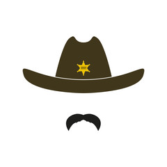 Sheriff face icon isolated on white background. Retro hat with star and mustache. Vector illustration.