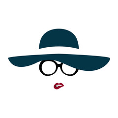 Portrait of lady in graceful hat and glasses bites her lip. Vector illustration.