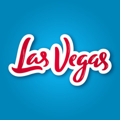 Las Vegas - hand drawn lettering phrase. Sticker with lettering in paper cut style. Vector illustration.