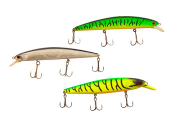 Fishing lures for predatory fish.  Lures on a white background.