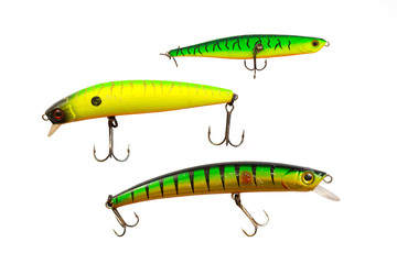 Fishing lures for predatory fish.  Lures on a white background.