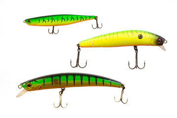 Fishing lures for predatory fish.  Lures on a white background.