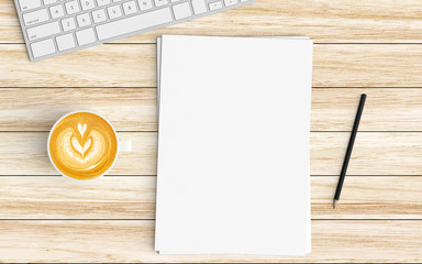 Modern workspace with coffee cup, paper and keyboard copy space on wood background. Top view. Flat lay style.