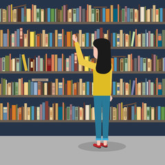 The girl reaches for the book in the background of the bookshelves.