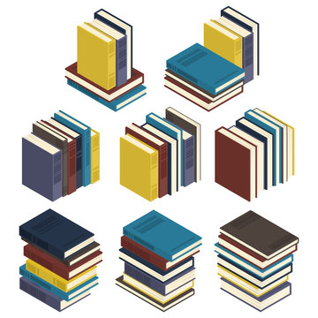 8 sets of isometric books isolated on a white background.