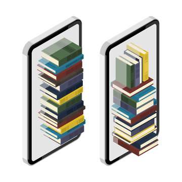 2 sets of isometric smartphone (cellphone) with stack of books isolated on a white background.