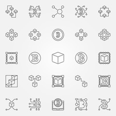 Blockchain technology icons set. Vector 25 block chain signs