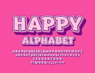 Vector pink funny Happy Alphabet. Playful Font. Sticker style retro Letters, Numbers and Symbols