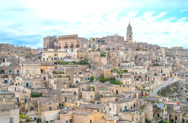 Naklejka premium Matera, the town of rhe Sassi, prehistoric troglodyte settlements