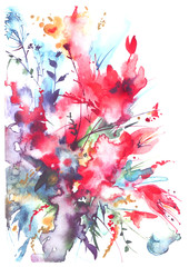 Fototapeta na wymiar Watercolor bouquet of flowers, Beautiful abstract splash of paint, fashion illustration. Orchid flowers, poppy, cornflower, red gladiolus, peony, rose, field or garden flowers.On a white background. 