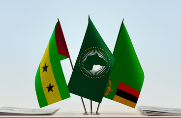 Flags of Sao Tome and Principe African Union and Zambia