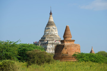 View of the ancient Buddhist stupa of Shwe San Daw on a sunny day. Bagan, Myanmar