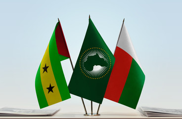 Flags of Sao Tome and Principe African Union and Madagascar