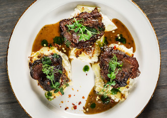 grilled meat with vegetable puree