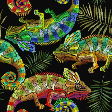 Embroidery color chameleons and palm leaves seamless pattern. Template for clothes, textiles, t-shirt design. Classical embroidery lizard chameleons