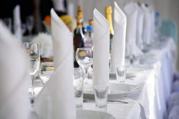 Banquet table of food for the reception. A festive table with dishes and Cutlery and napkins is served in the restaurant for guests. 