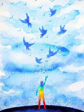 abstract human flying birds spiritual mind in blue cloud sky illustration watercolor painting design hand drawn