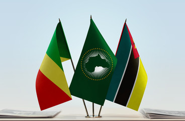 Flags of Republic of the Congo African Union and Mozambique