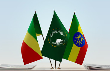 Flags of Republic of the Congo African Union and Ethiopia