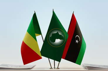 Flags of Republic of the Congo African Union and Libya