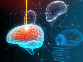 Laser surgery technology. Digital human brain in virtual space. 3d illustration.