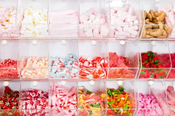 No drill light filtering roller blinds Sweets colored sweets on the store shelves