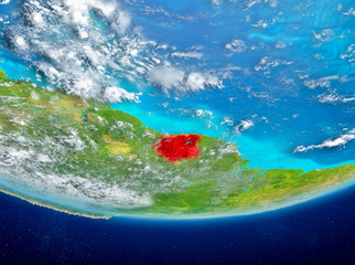 Suriname on globe from space