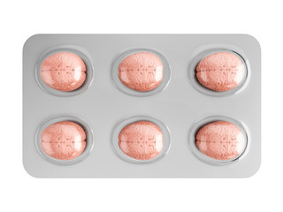 Brain like a pills in blister pack. 3D illustration.