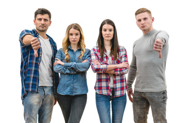 Obraz premium The four people thumb down on the white background