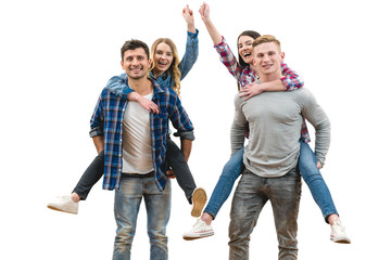 Fototapeta premium The four happy friends fun on the white background