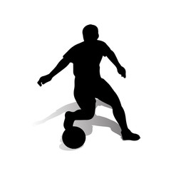 Fototapeta na wymiar Silhouette of soccer player with the ball in motion, on white background,