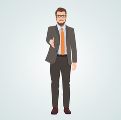 male businessman, manager, director, isolated vector illustration for office, business, holding, man greets and hands out