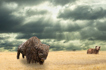 Iron buffalo made of iron scrap walking in dry prairie watched by a wild ram from distance. Open plain landscape with Amercian bison © vlad