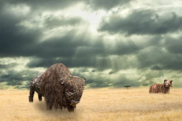 Photo sur Plexiglas Bison Iron buffalo made of iron scrap walking in dry prairie watched by a wild ram from distance. Open plain landscape with Amercian bison