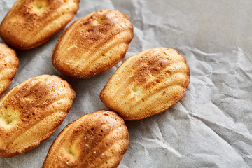 Sweet almond cookies put in rows on white paper background, close-up, selective focus