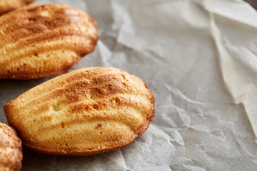Sweet almond cookies put in rows on white paper background, close-up, selective focus